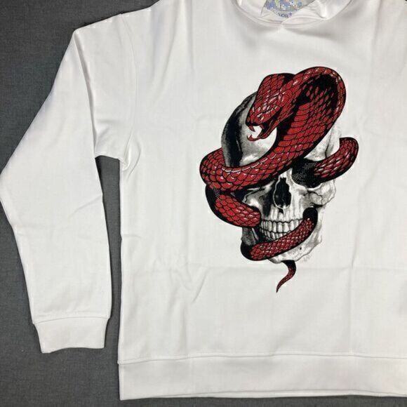 Heads Or Tails Hoodie Mens Sz Large White Skull Snake Rhinestones Pull Over Rare - Picture 4 of 16